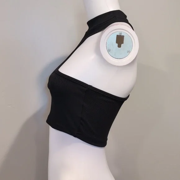 SHEIN Black Ribbed High Neck Asymmetric Sleeveless Crop Top Size Small - Picture 2 of 6